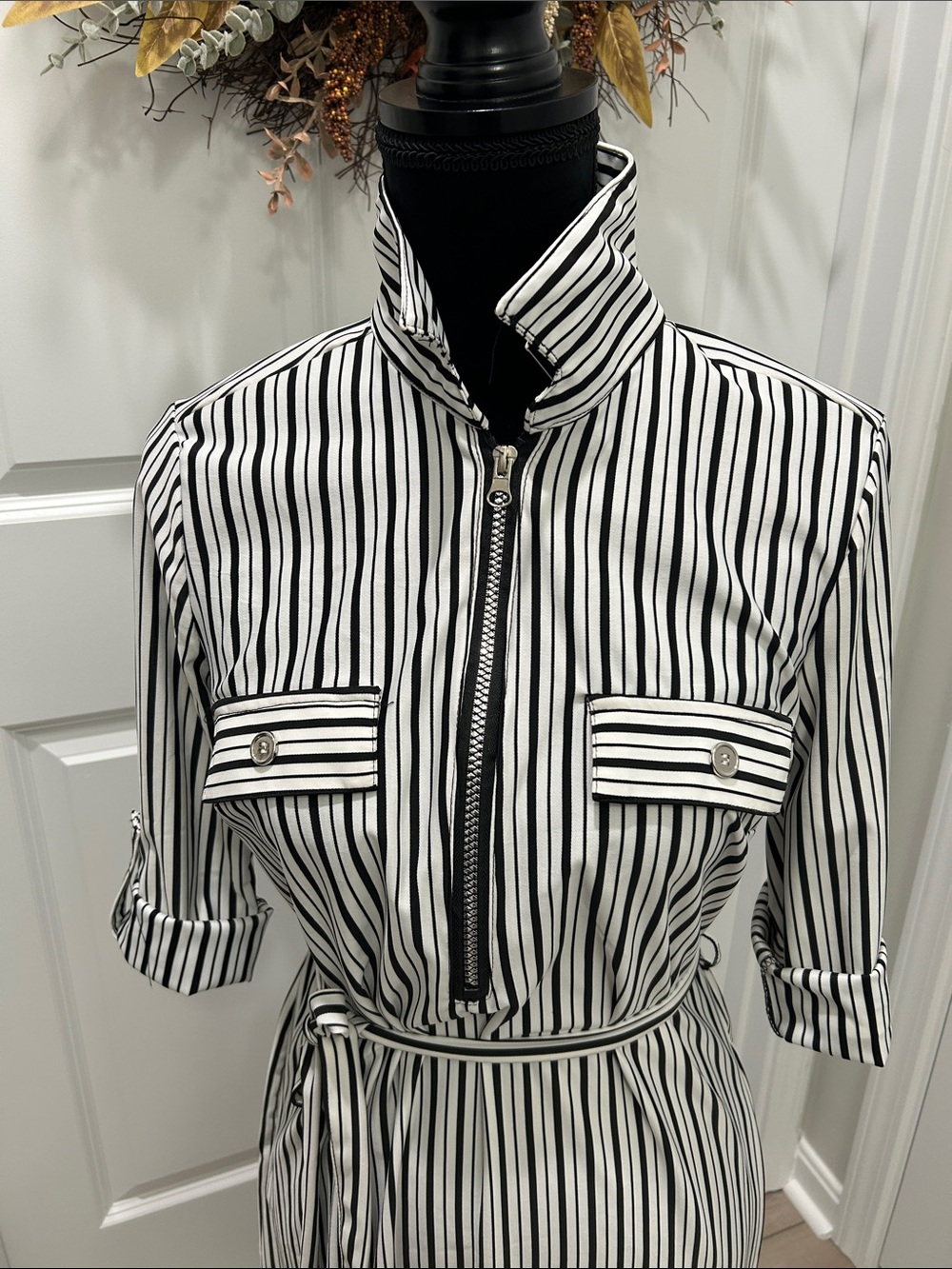 Mlle Gabrielle Black & White Vertical Stripe Midi Shirt Dress Size Small